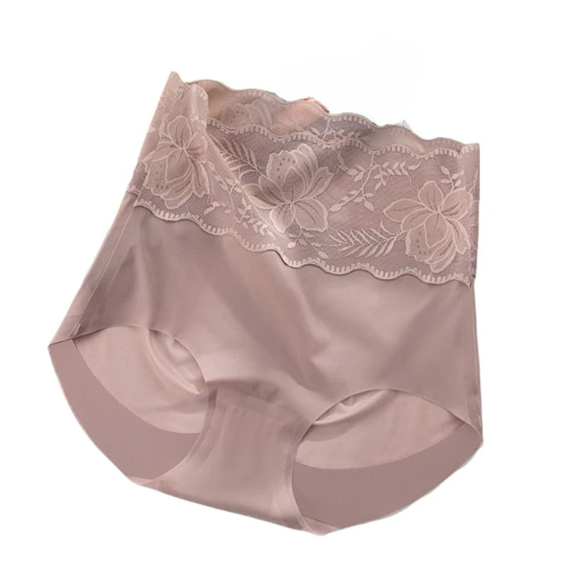 

High Waist Seamless Ice Silk Underwear Women's 2026 New Lace Sexy Large Size Belly and Hip Summer Shorts Smooth and Quick Drying