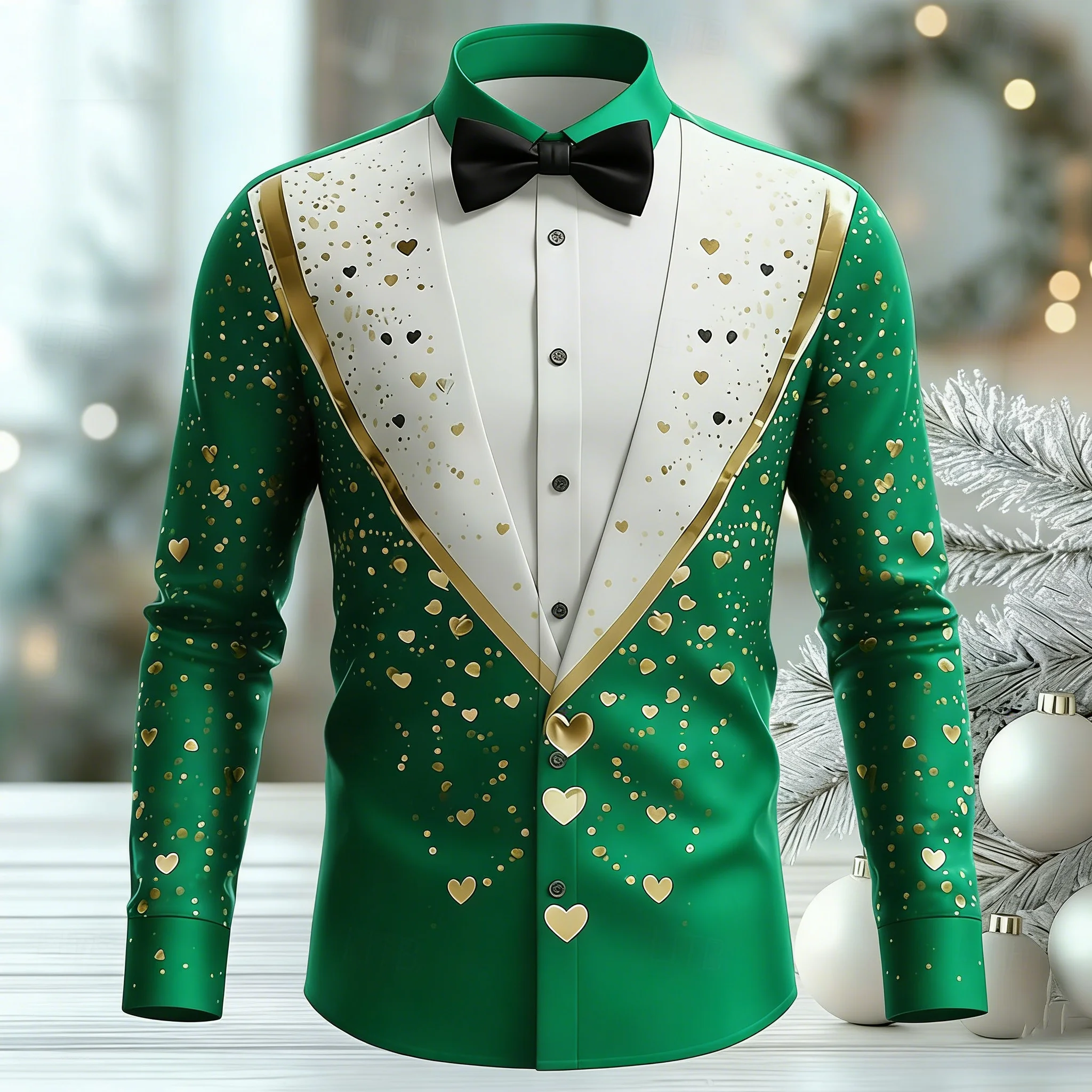 New men's long sleeved shirt casual and fashionable 3D heart printed design top long sleeved lapel men's high-end