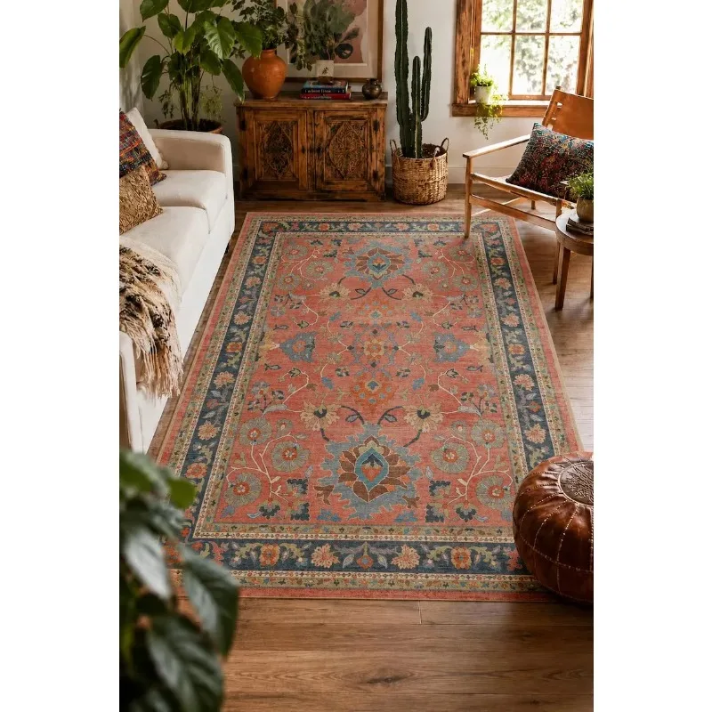 Vintage Persian Oriental Blue Floral Area Rug Traditional Medallion Border Non Slip Floor Carpet for Living Room Home Decor