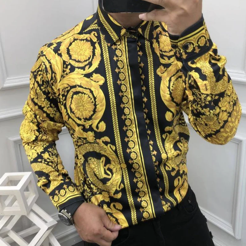 Luxury Full Gold Flower Shirt Men Casual Shirt Camisa Masculina Slim Shirt Triangle Print Shirt Dress Men Black Gold Plaid Shirt