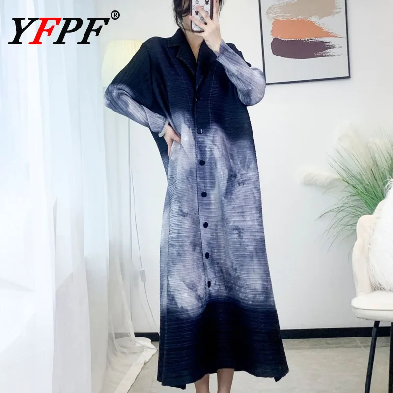 

YFPF плиссированное длинное платье с принтом Miyake, женская модная одежда с лацканами и пуговицами контрастного цвета, элегантная новая одежда 2025 года, 3A433