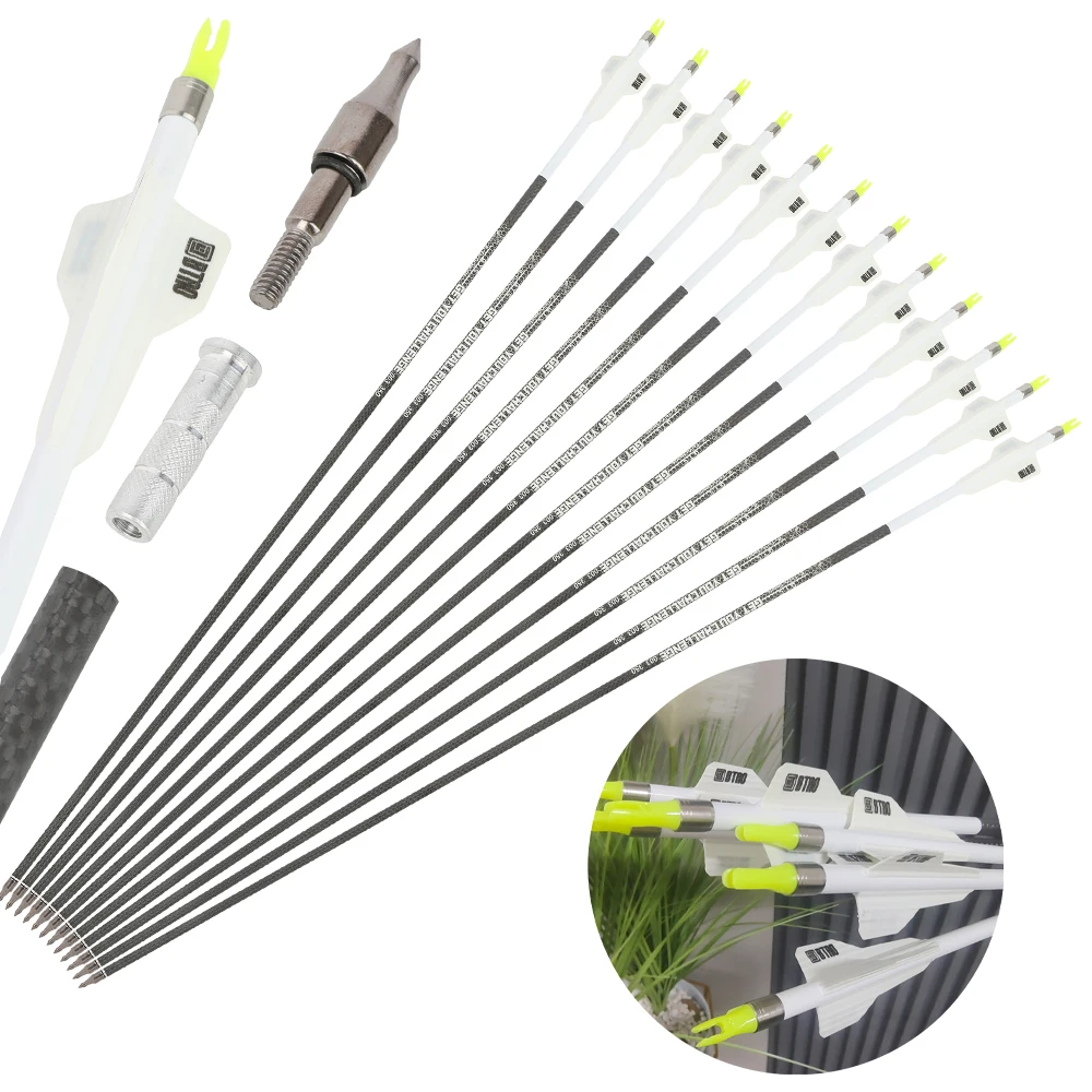 

12 шт., 3K чистые углеродные стрелы, изогнутый лук, стрельба из лука, 33,5 дюйма, стрелы из углеродного волокна, позвоночник 250 300 350 400, блочный лук для охоты