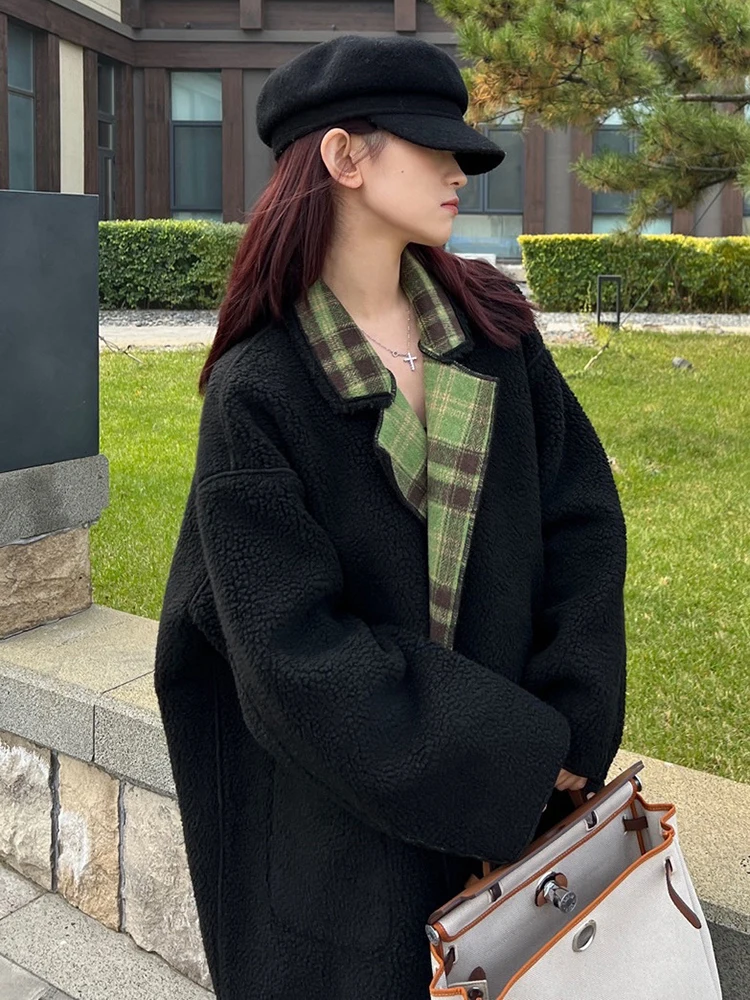 TWOTWINSTYLE Plaid Winter Thick Two Wear Wool Coat For Women Lapel Long Sleeve Double Breasted Vintage Coats Female Clothing New