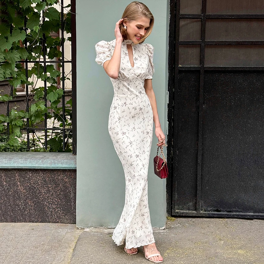 Linad Spring Elegant Print Long Dress Vintage High Waist Puff Sleeve Dresses Lady Casual Chiffon Turtleneck Dress For Women 2026