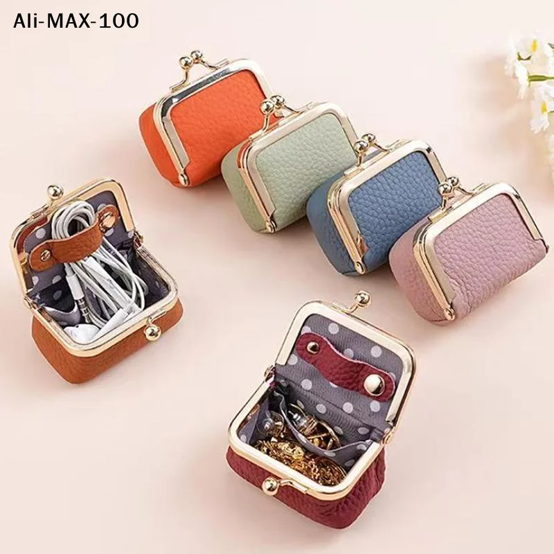 AySWallet PU Kiss Lock Coin Purse Solid Color Square Leather Jewelry Bag Multifunctional Mini Small Item Bag Earrings