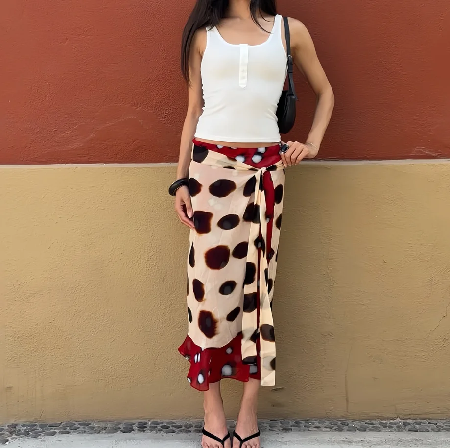 Women Leopard Print Midi Skirt Wrap Skirt Asymmetrical Hem Red Polka Dot Patchwork Summer Casual Y2K