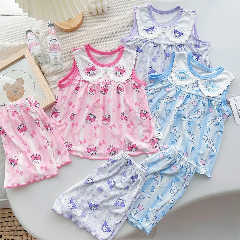 

Sanrio Kawaii My Melody Pajamas Cinnamoroll Children's Summer Ice Silk Home Service Suit Cartoon Shorts Pajamas Two Piece Set