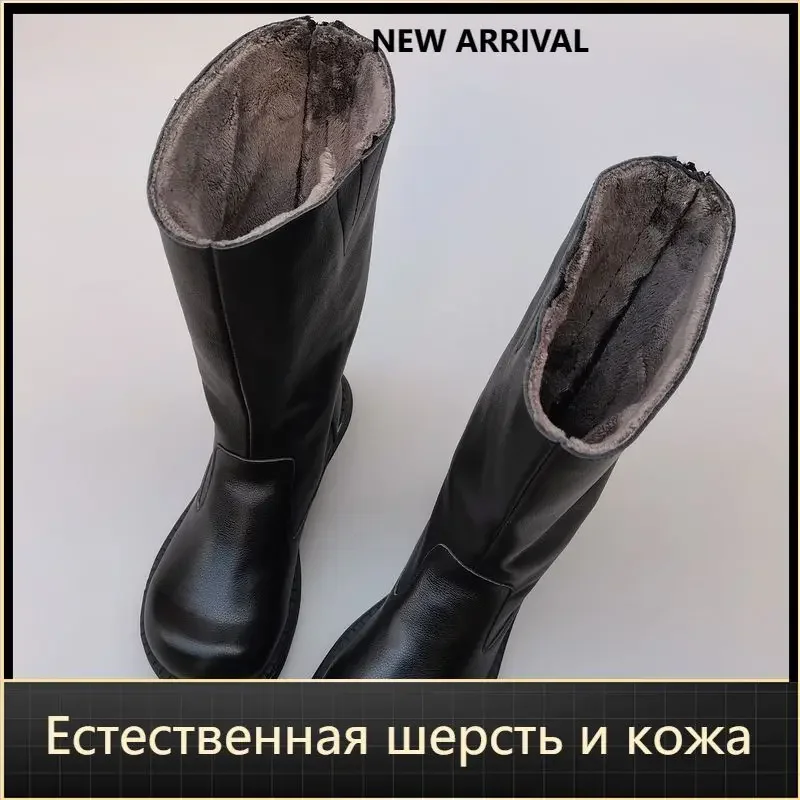 Careaymade-natural Leather wool women's boots winter knee-high long tall tube wide toe cowhide fur knight boots Big size shoes