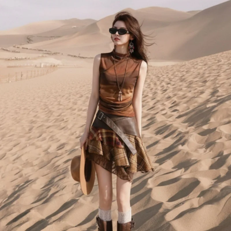 Desert Wasteland Style Mermaid Outfit Western Qinghai Tour Gansu Northwest Grand Loop Casual round Neck Polyester Vest for Women