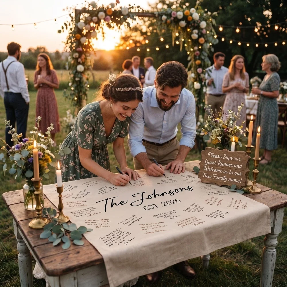 Custom Embroidered Wedding Guest Book Canvas Banner Personalized Family Last Name EST Sign Boho Wedding Guestbook Alternative