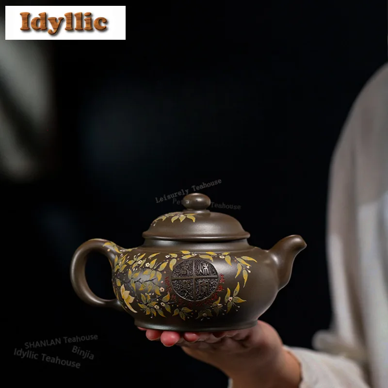 470ml Authentic Yixing Purple Clay Teapots Handmade Flowers Pot Raw Ore Emerald Green Mud Kettle With Filter Zisha Tea Set Gift