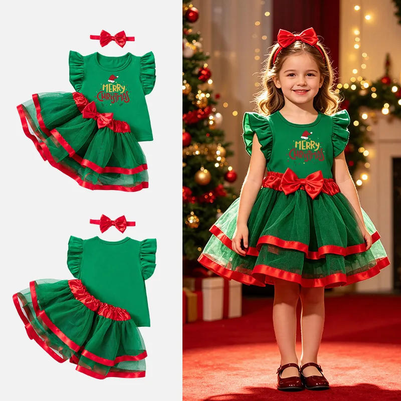 2026 New Baby Girls Princess Bow Christmas Tutu Outfit, Holiday Party Costume Set, 3Pcs Includes Top + Skirt + Headband 1-5y
