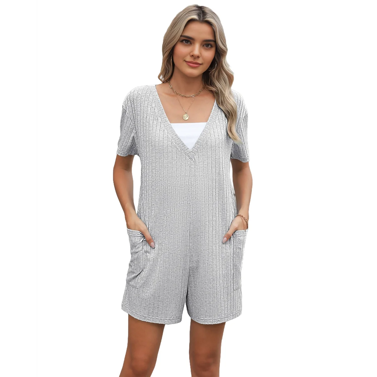 Womens Summer Short Sleeve Romper Loose Casual V Neck Shorts Overalls Ladies Dressy Comfy Jumpsuits with Pockets Light Gray M