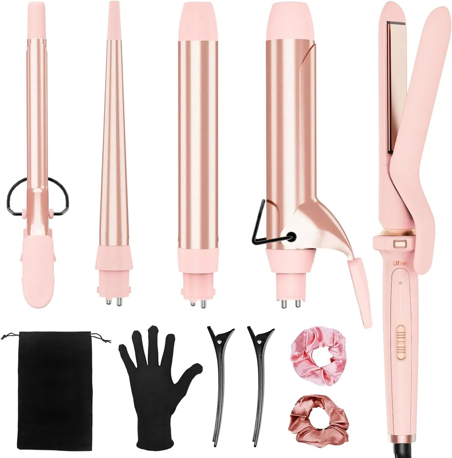 

5-in-1 Ceramic Curling Iron Set with Straightener, Instant Heat, Dual Voltage, Pink - Perfect Gift for Women