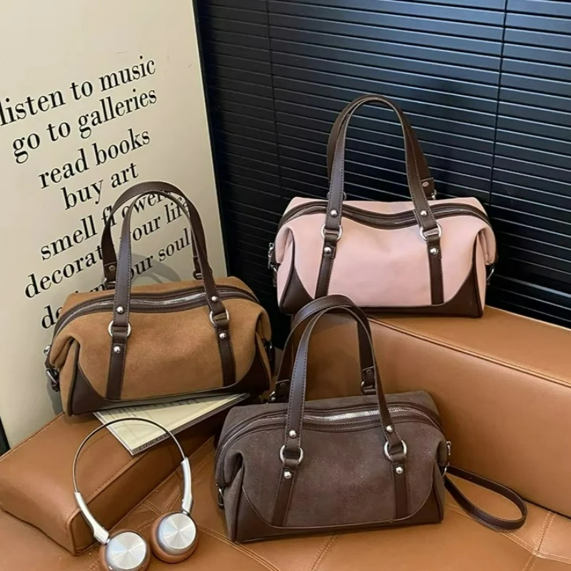Vintage Pink Boston Bag Women Suede Large Capacity Gentle Shoulder Bag Ladies Fashion Color Block Casual Style Handbag Chic