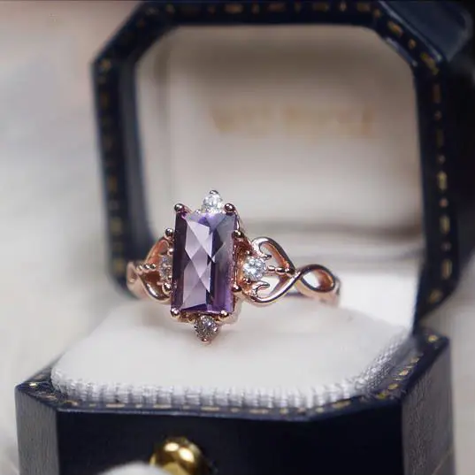 Designer original natural diamond-studded amethyst opening adjustable ring elegant charm creative retro female silver jewelry