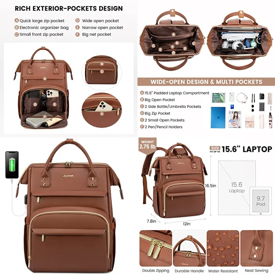 Leather Laptop Backpack for Women, Travel Purse Nurse Teacher Carry On Backpack Computer Bag, Professional College Busess Work