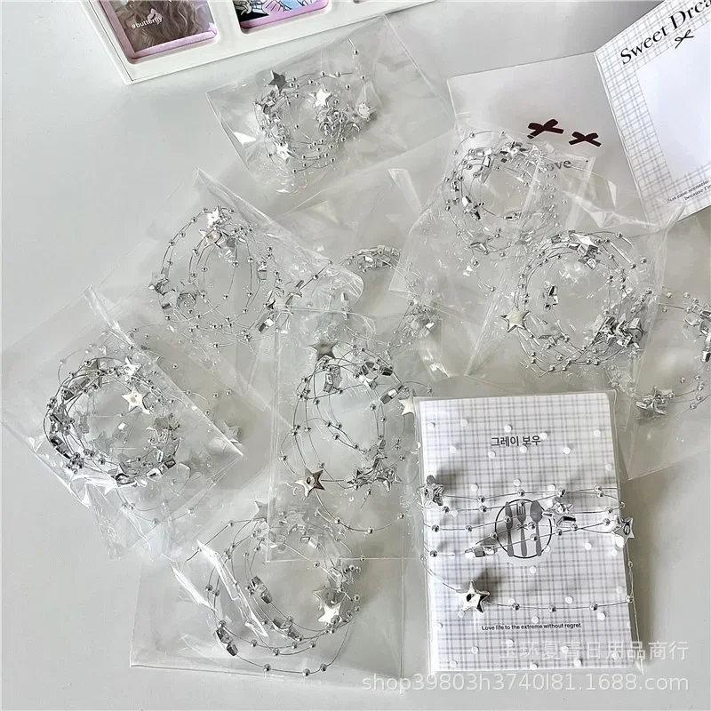 2M Fashion Y2K Silver Star Beads Card Decor Rope INS Kpop Idol 3-inch Photo Card DIY Packing Accessories Card Pocket Bind Rope