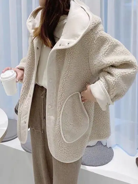 

Thiened Lamb Fur ort Coat with Hood Korean Sle Women's Casual Wear Autumn Winter New Arrival Faionable Top