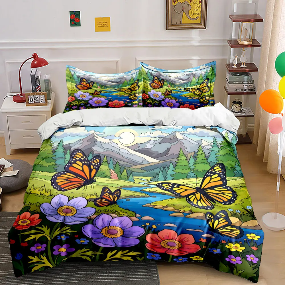 Butterflies fluttering streams and forests Printed Duvet Cover Set1 Duvet Cover+2 PillowcaseMulti Size Bedroom Bedding Decor