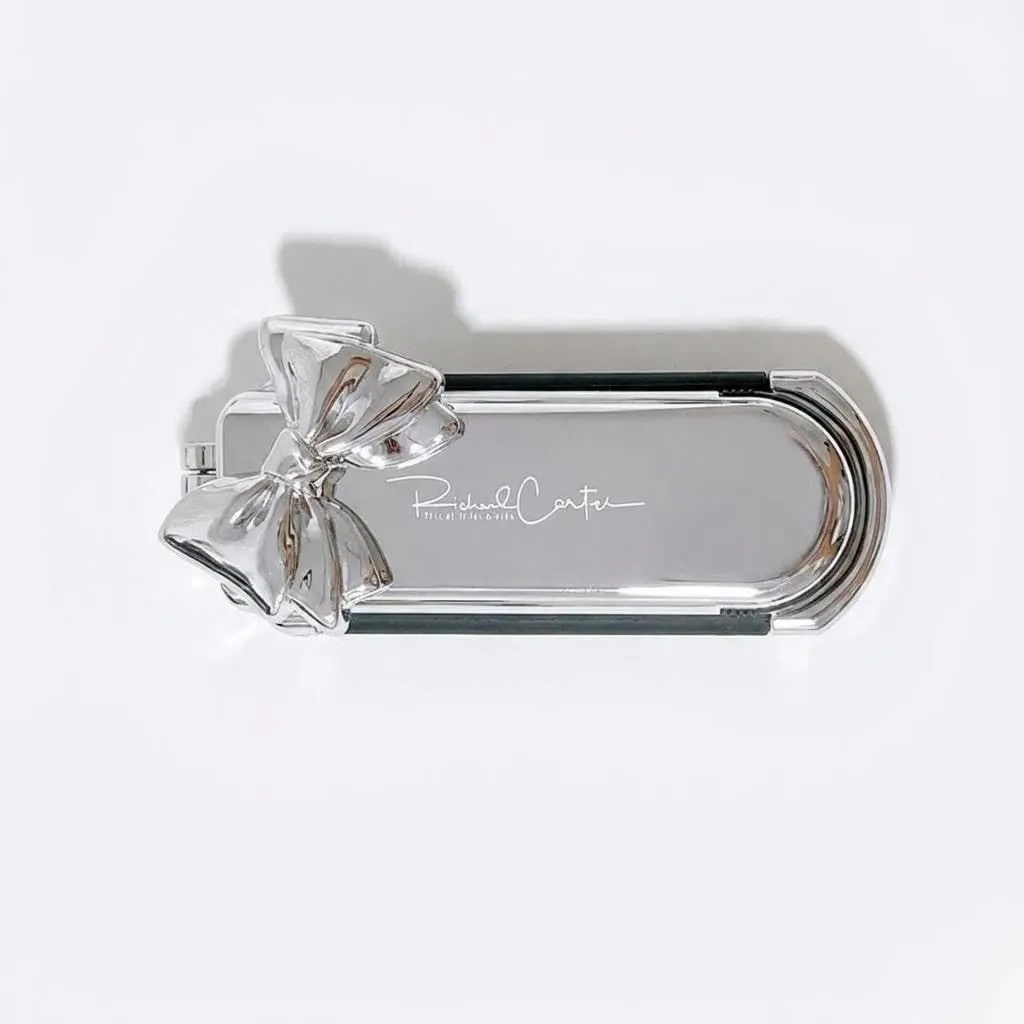 Foldable Hair Brush with Removable Mirror, Silver Finish with Matching Bow, for Travel, Men & Women, Massaging Styling Tool