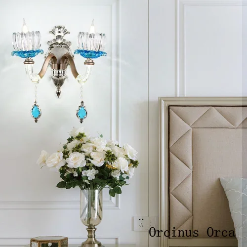 

Европейский роскошный синий хрустальный настенный светильник для гостиной, прикроватная лампа, французский креативный стеклянный романтический настенный светильник