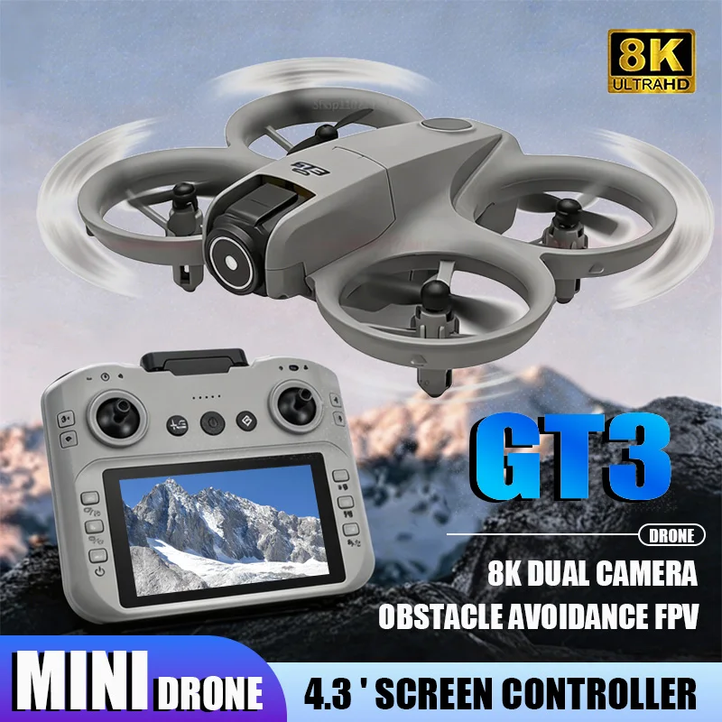 Mini Dron GT3 Profesional, Quadcopter Acrobático con Cámara Eléctrica 8K HD con Flujo Óptico, FPV, Control Remoto de 4.3 Pulgadas, Giro de 360°, Juguetes para Niños, Regalos