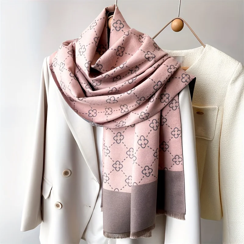 Stylish Simple Flower Pattern Scarf Imitation Cashmere Short Beard Shawl Autumn Winter Coldproof Windproof Large Scarf