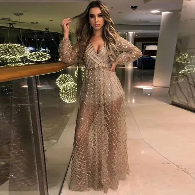 

Banquet Long-sleeved Temperament Sexy V-neck Backless Sequin Dress Long Skirt Women 2023 Autumn and Winter New Women's Dress