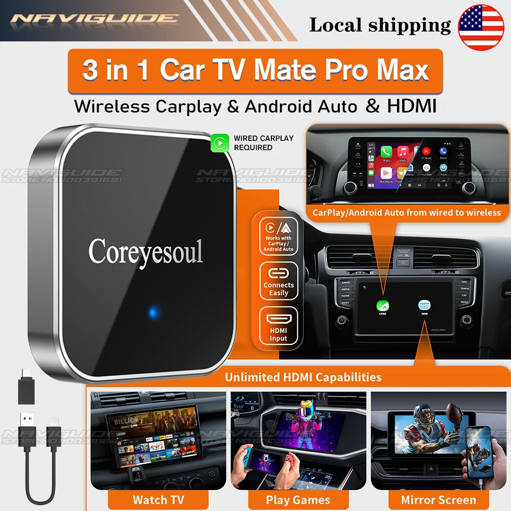 

3 in 1 Car TV Mate Pro Max Plug and Play Wireless CarPlay&Android Auto Adapter with HDMI Input for TV Sticks and Game Consoles