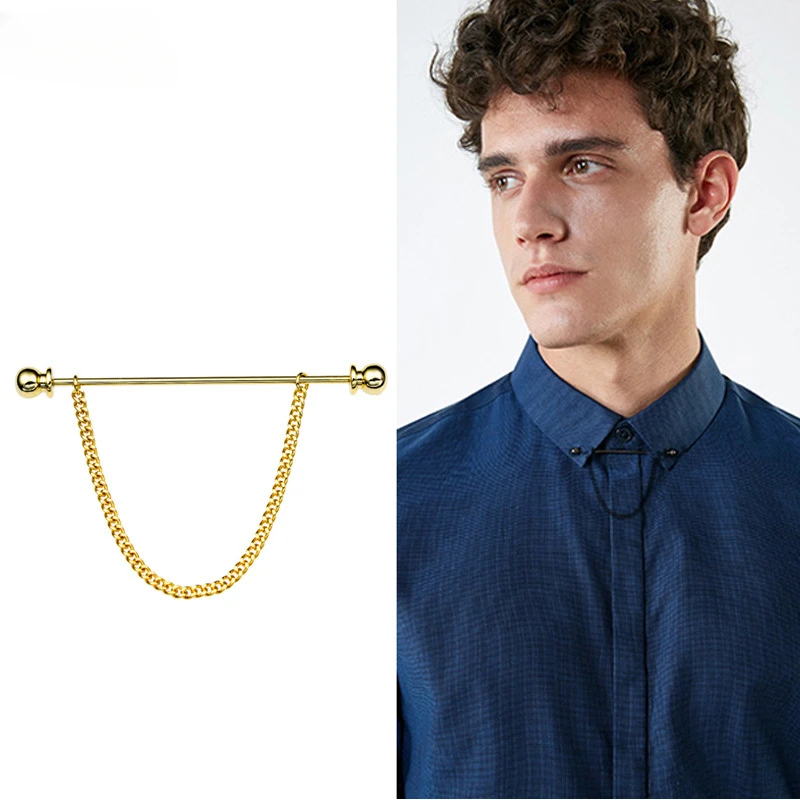 Collar Needle Round Ball One-word  Metal Chain Fringed Men\'s Brooch French Shirt Neck Corner Buckle High Quality Copper Gifts