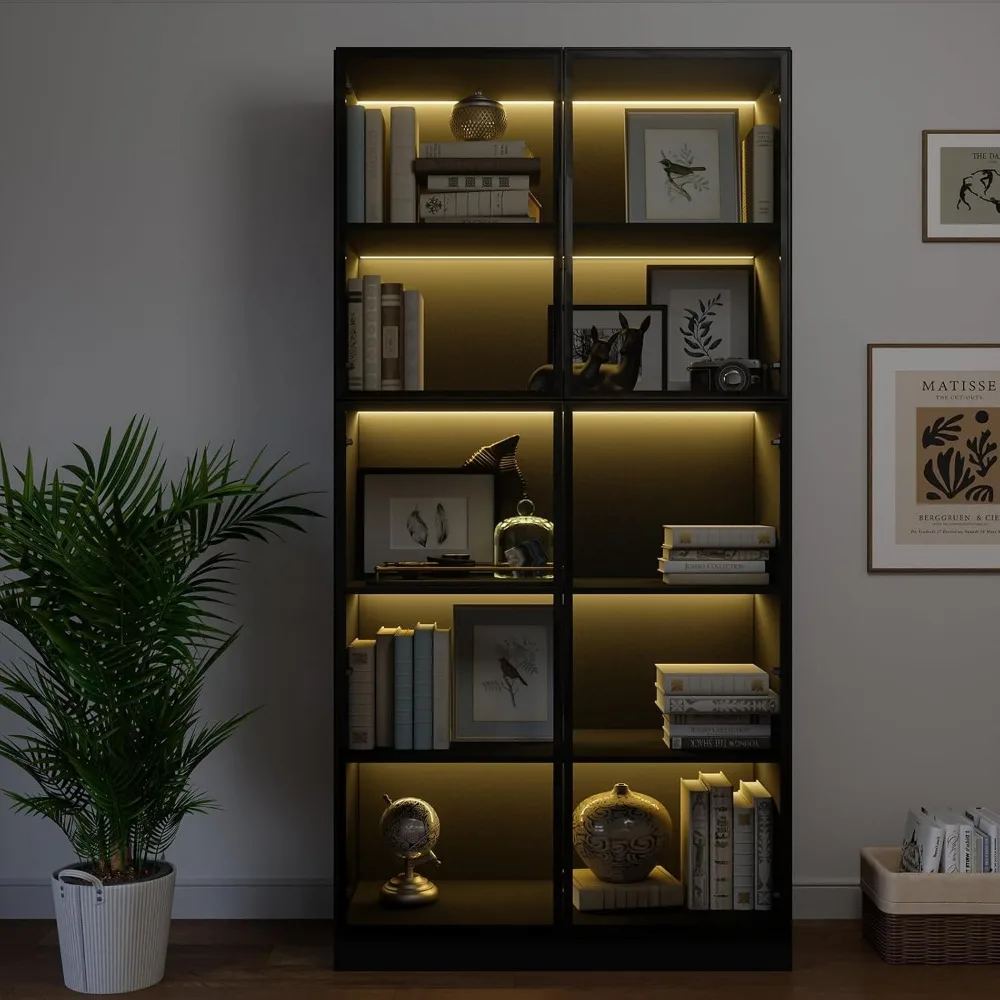 Display Cabinet with 4 Glass Doors, 5 -Tier Storage Cabinet with LED Lights, 78.7