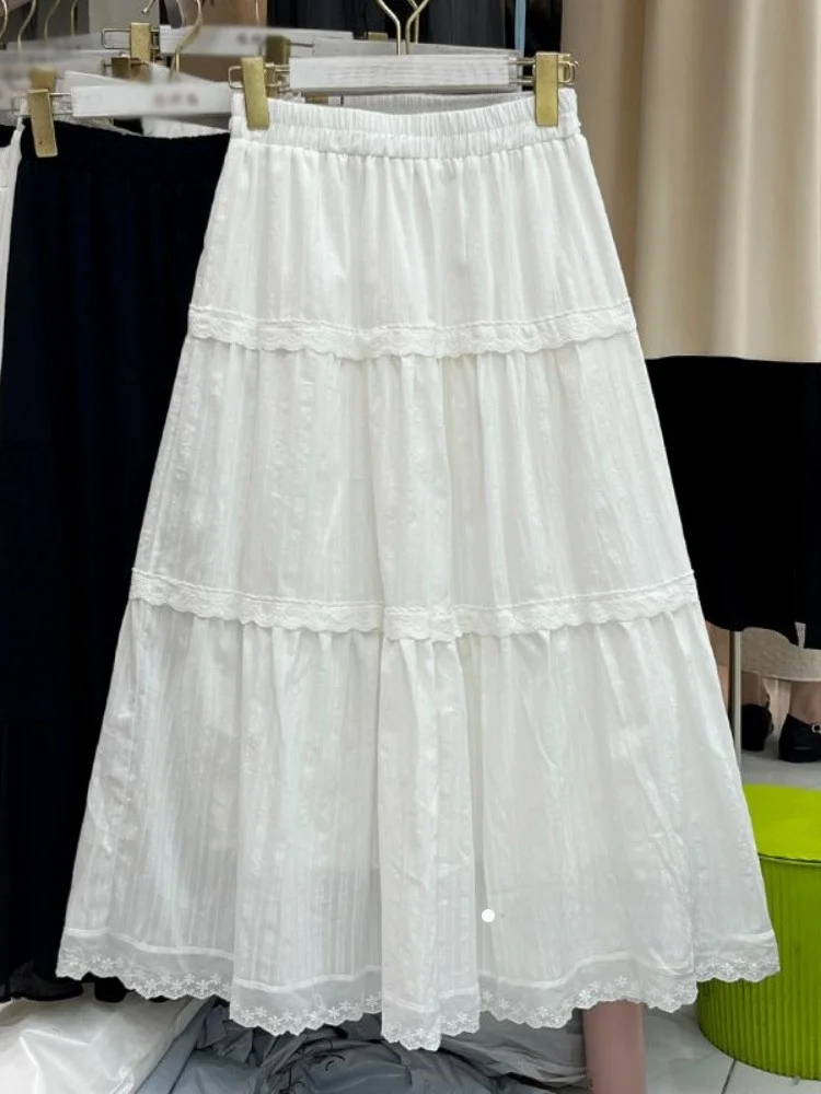 

French Sle Embroidered Lace Hem f Skirt A-Line Women's Winter Gown Multiple Layers Cake Design White Long Skirt