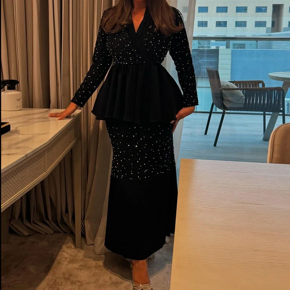 Abiti da sera a trapezio personalizzati Abito da ballo a maniche lunghe con scollo a V alla caviglia Abito da festa casual drappeggiato in cristallo di moda semplice