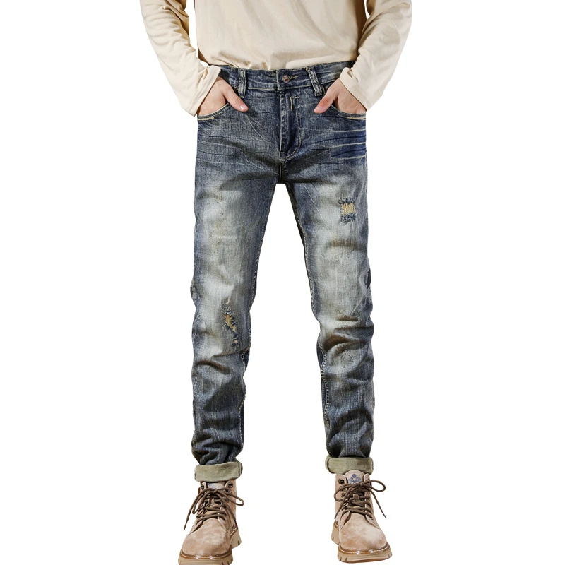 Spring/Summer New Trendy Wash Vintage Jeans Men's Tear Patch Elastic Feet Pants Streetwear Pants For Men Skinny Jeans