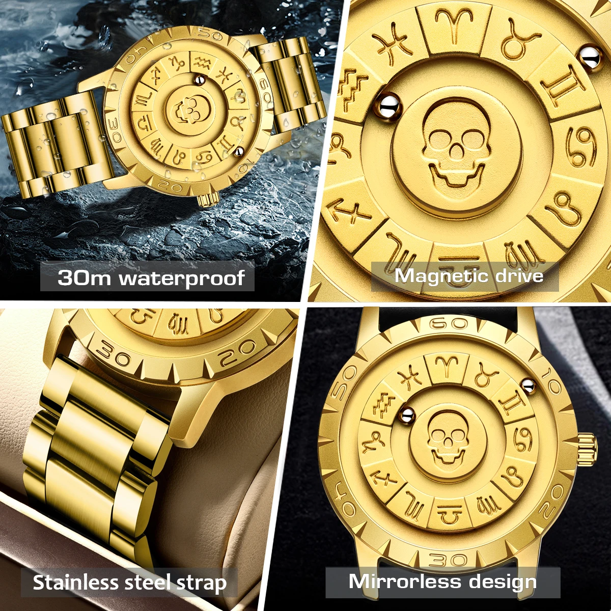 FOXBOX New Fashion Gold Watch For Men Top Brand Luxury Skull Ball Design Watch Men Waterproof Sports Men\'s Quartz Wristwatches