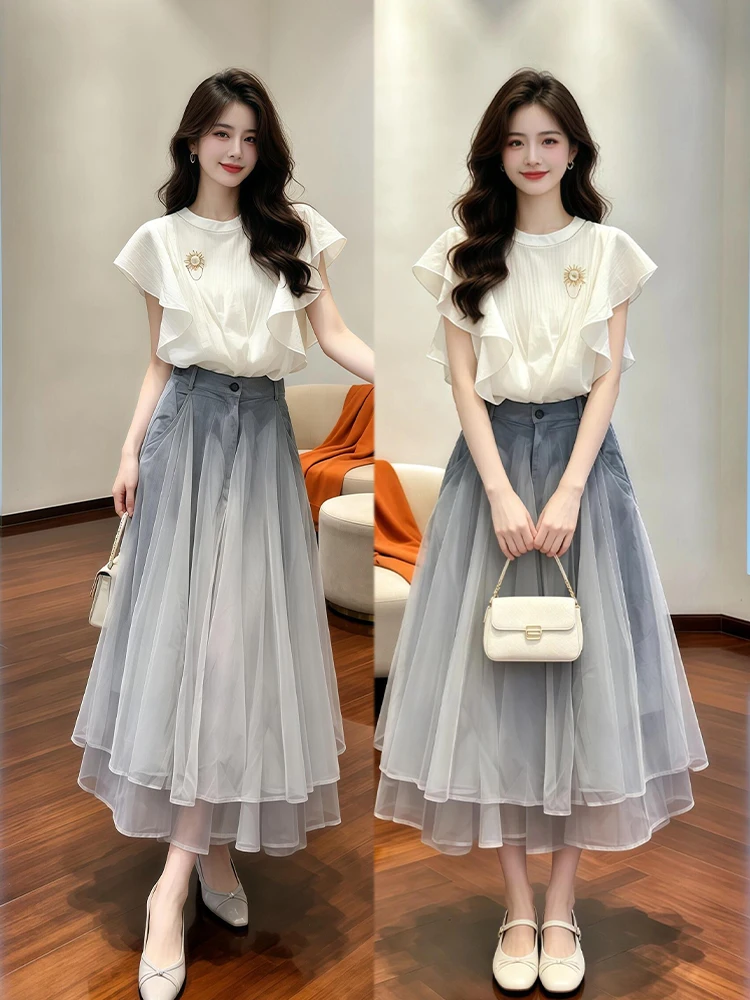 

Elegant Summer New Arrival OOTD Soft Style Lace Trimmed Chiffon Top Half Skirt Set Comfortable High Waist Midi Skirt