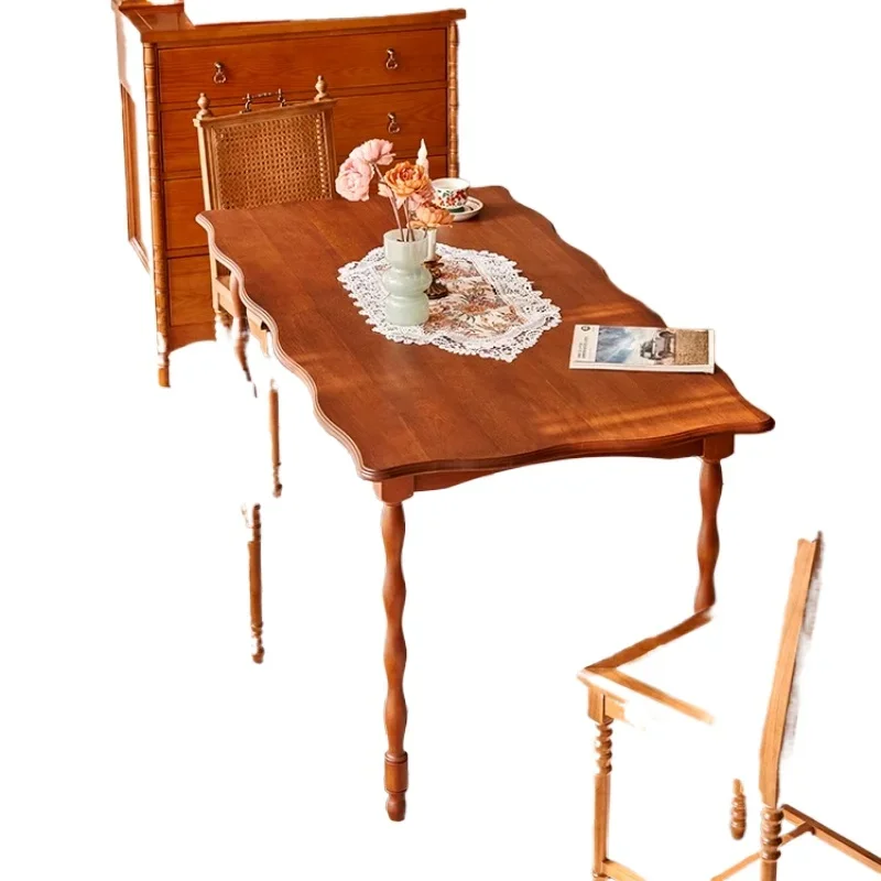 

French antique solid wood dining table, small household retro petal dining table