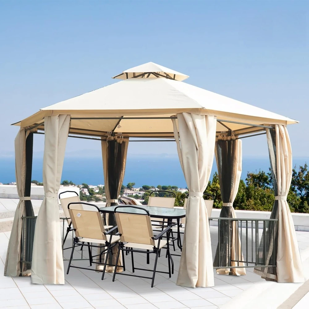 

13' x 13' Patio Gazebo, Double Roof Hexagon Outdoor Gazebo Canopy Shelter with Netting & Curtains, Solid Steel, Customized