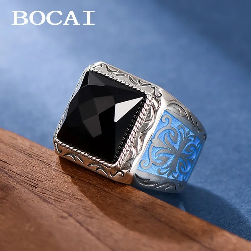 

BOCAI S925 Sterling Silver Jewelry Fired Blue Craft Retro Pattern Personality Domineering Square Black Agate Ring for Men