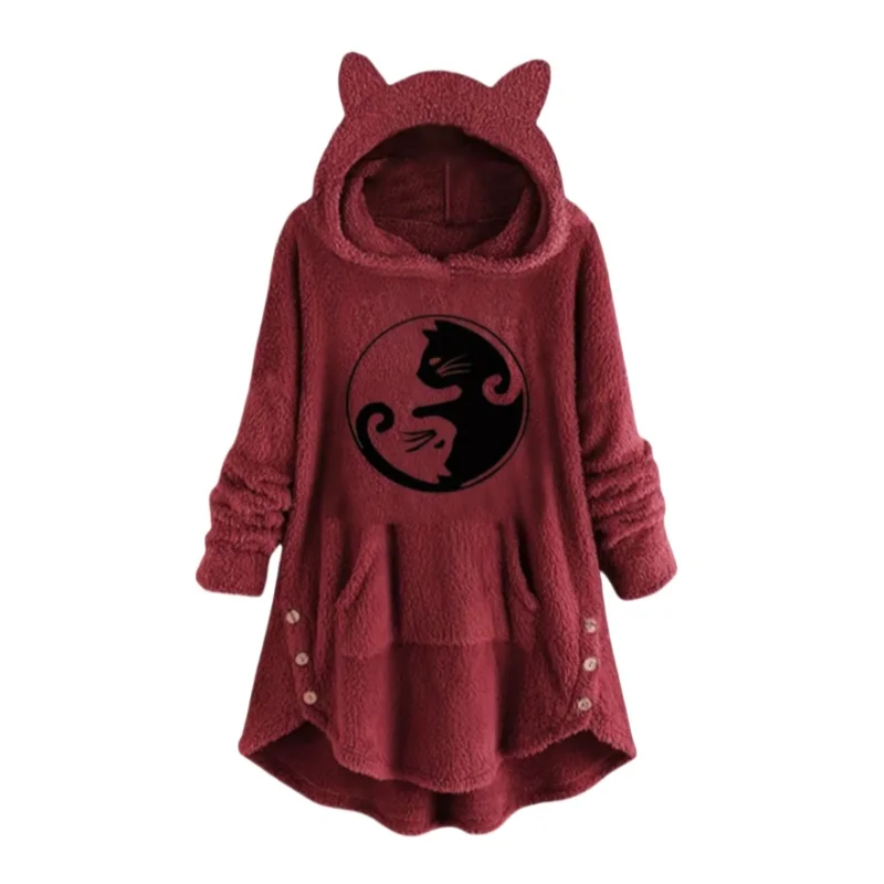 Cute Printed Kitten Hooded Sweatshirt, Winter New Style, Loose Design, Fashionable and Versatile Hoodie