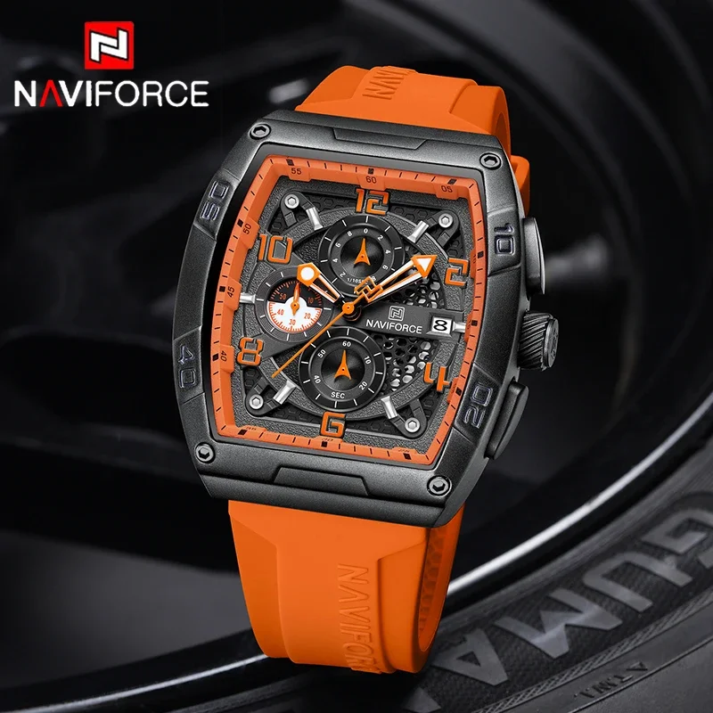 NAVIFORCE الرجال الكوارتز متعددة الوظائف الساعات موضة الرياضة التقويم مقاوم للماء ساعات المعصم رجل كبير الطلب سيليكون حزام على مدار الساعة