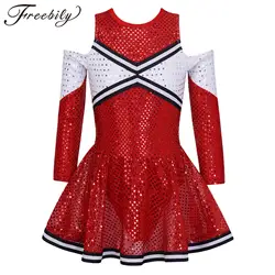Kids Schoolgirl Cheerleader Uniform Dress Cheer Dance Clothes Girls Teamwear Long Sleeve Shiny Sequins Cheerleading Costume