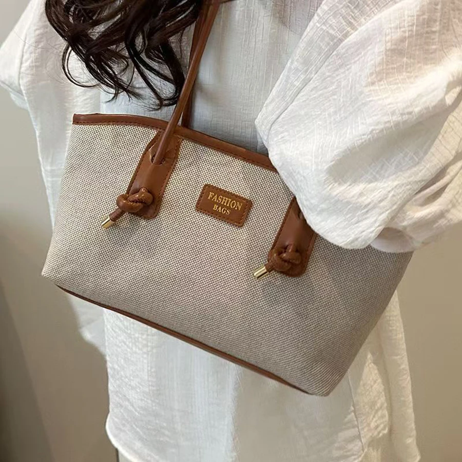Women Canvas Tote Bag Vintage Contrast Color Handbag Fashion Knotted Strap Shoulder Bag Large Capacity Casual Ladies Shopping Ba