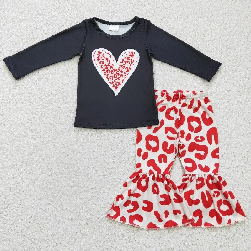 

New stock new Valentine's Day girls suit wholesale boutique leopard print love pattern girls clothing