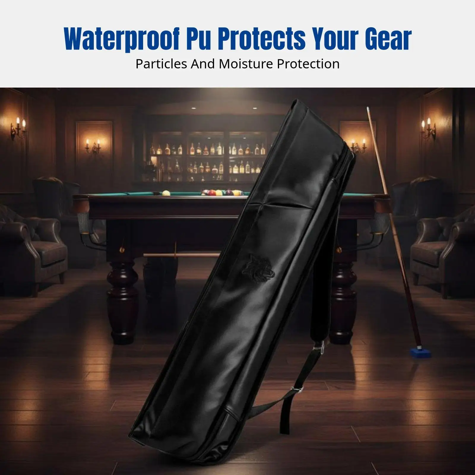 Billiards Accessories Storage Bag for Cue Stick Waterproof PU Pool Cue Case with Double Pockets and Crossbody Strap