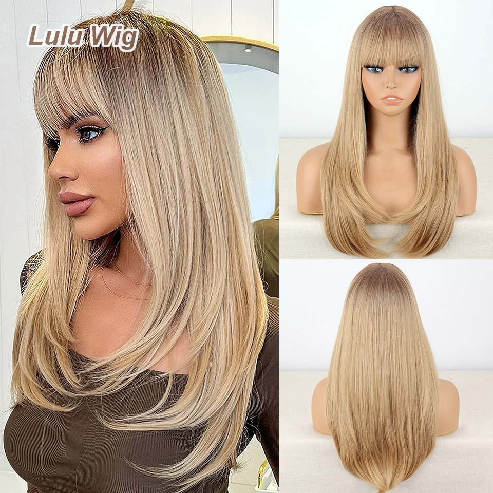 

Long Blonde Wigs for Women Straight Synthetic Layered Wig with Bangs and Dark Roots