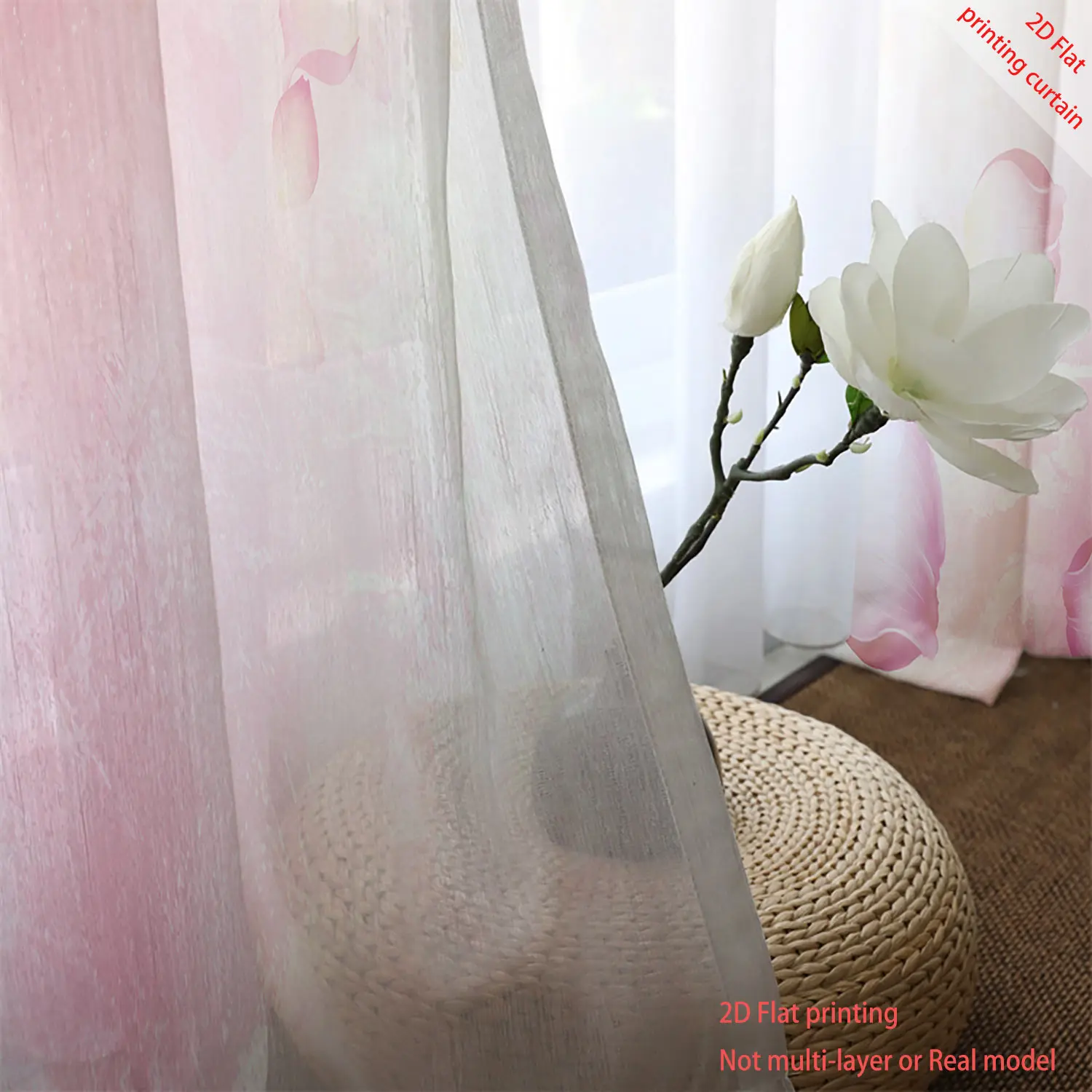 Flower, bird, butterfly printed transparent gauze curtain, romantic home, dormitory, bedroom, balcony, window decoration