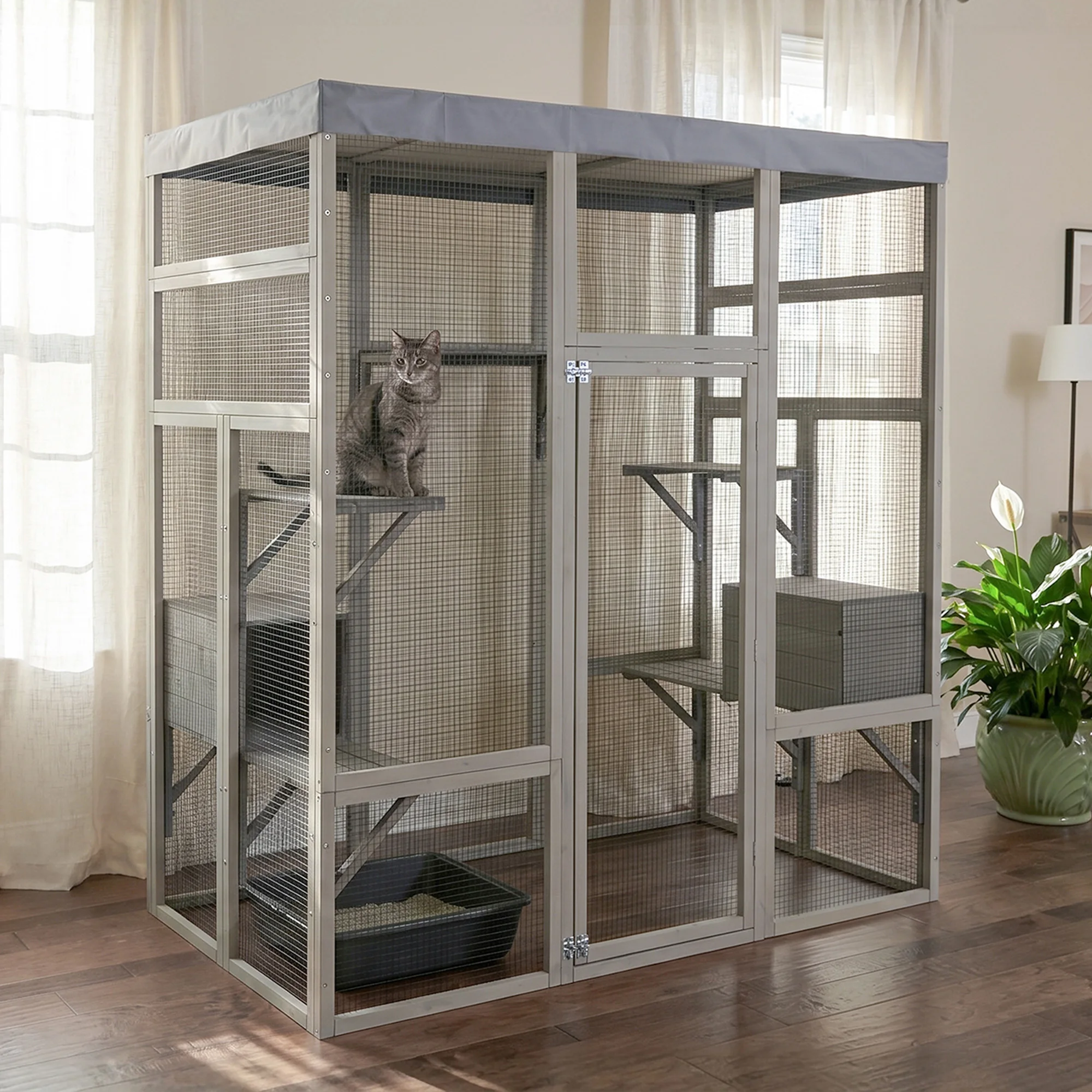 Gray Wooden Catio Pet Enclosure with Waterproof Top, Spacious and Secure Cat House & Small Animal Cage,2 Napping Boxes view 3