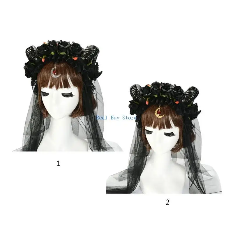 

U13D Halloween Headband Sheep Horn Rose Crown Mesh Veil Moon Pendant Hair Hoop